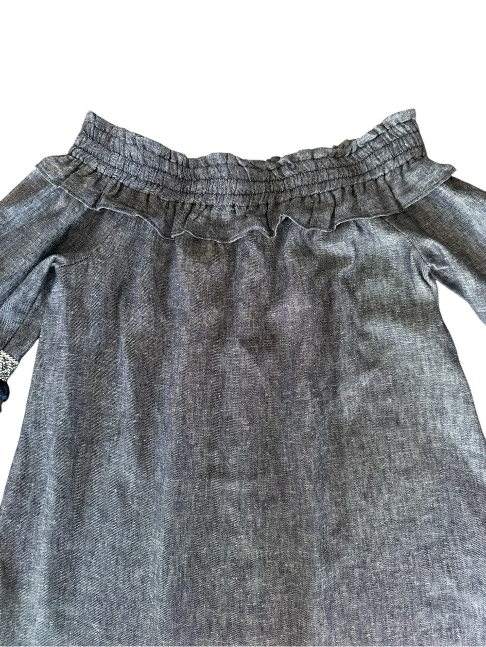 Hope & Harlow Linen Blend Off Shoulder Bell Sleeve Fringe Trim Denim Dress SZ 6